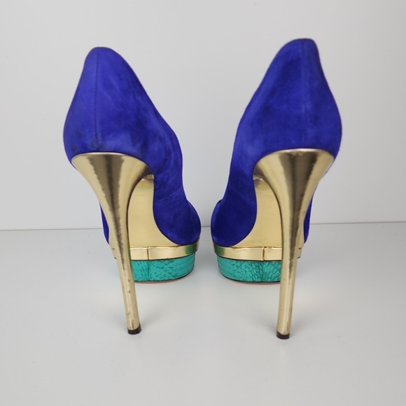 B Brian Atwood Purple Gold Teal Suede Platform Stiletto Size 10 - Picture 5 of 10